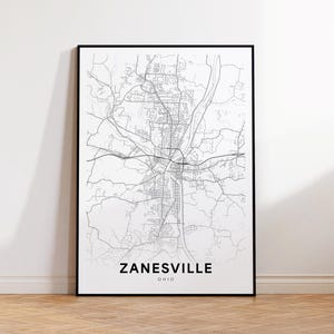 Zanesville City Karte Poster, Zanesville Street Map Poster, Ohio Karte Kunst, Street Road Map Print, druckbare Wandkunst, Wohnzimmerdekor