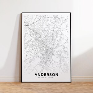 May include: Black and white map print of Anderson, South Carolina. The map shows the city streets and roads.