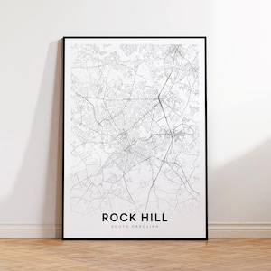 Impression de carte de la ville de Rock Hill, affiche de carte de rue de Rock Hill, art de carte de Caroline du Sud, impression de carte de rue, art mural imprimable, décoration murale de bureau