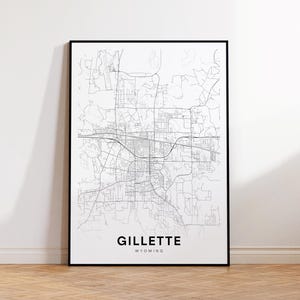 Impression de carte de la ville de Gillette, affiche de carte des rues de Gillette, art de la carte du Wyoming, impression de carte de rue, carte de la ville minimaliste, décoration de salon