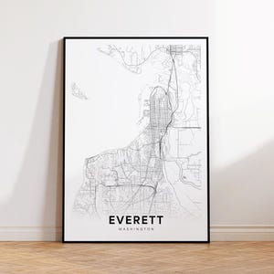 Everett-stadskaart afdrukken, Everett-stratenkaartposter, Washington-kaartkunst, stratenwegenkaart afdrukken, afdrukbare muurkunst, kantoor aan de muur