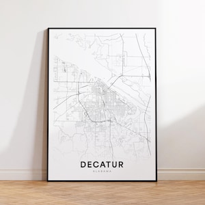 Decatur stadskaart afdrukken, Decatur stratenplan poster, kaartkunst Alabama, stratenwegenkaart afdrukken, afdrukbare muurkunst, woonkamerdecor
