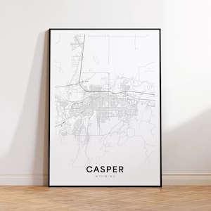 Impression de carte de la ville de Casper, affiche de plan de rue de Casper, art de carte du Wyoming, impression de carte de rue, carte de la ville minimaliste, art mural de bureau