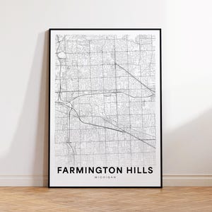 Farmington Hills City Map Poster, Farmington Hills Michigan Map Print, Minimalist Street Map, Modern Wall Art, Map Gift for Family