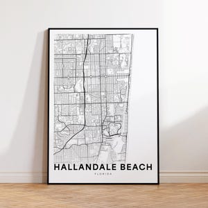 Hallandale Beach-stadskaart afdrukken, Hallandale Beach-stratenkaart-poster, kaartkunst Florida, straten-wegenkaart afdrukken, minimalistische stadsplattegrond