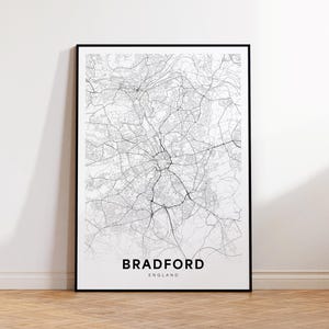 Stadskaart van Bradford, kaart van Bradford, print van Bradford, minimalistische kaart van Bradford UK, poster van de kaart, decor van de stad, afdrukbare kaart, Instant Download