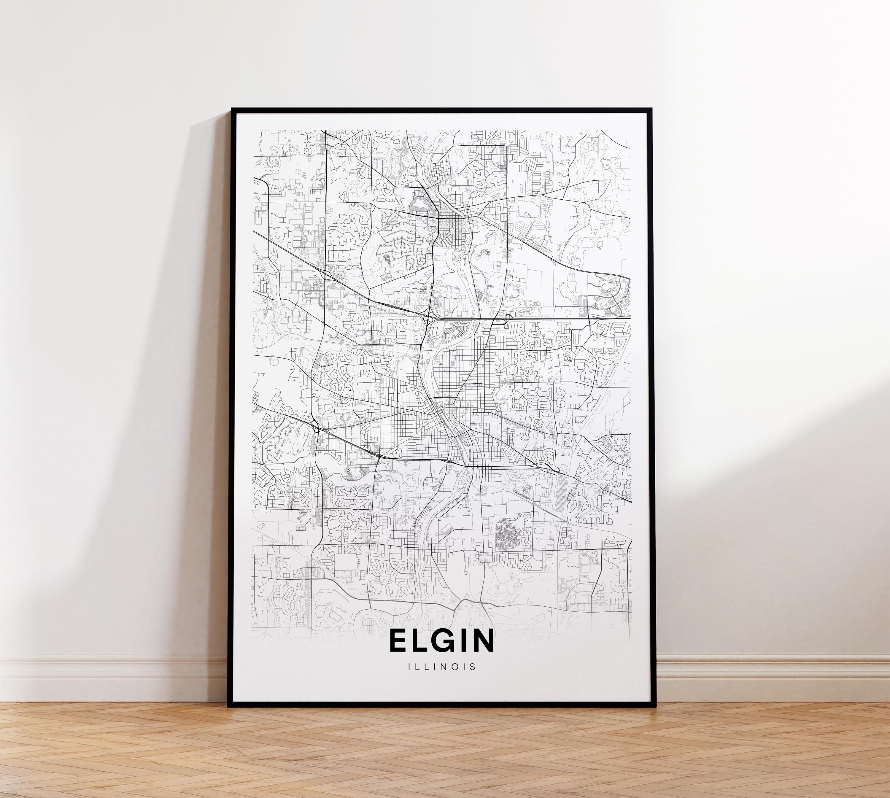 Carte Ancienne D'Elgin, Illinois 1930 - Affiche Vintage Prête à Encadrer