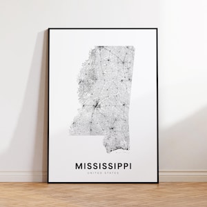 Impression de carte de l'état du Mississippi, affiche de carte du Mississippi, carte imprimable de la région du Mississippi, affiche de carte routière MS minimaliste, décoration murale moderne