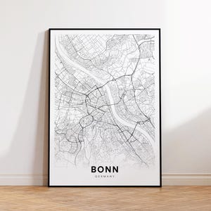 Art mural imprimable carte de la ville de Bonn, affiche minimaliste de carte de Bonn, art mural intemporel Allemagne, art mural moderne, cadeau unique, téléchargement numérique