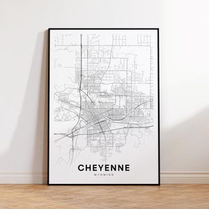 Impression de carte de la ville de Cheyenne, affiche de carte de rue de Cheyenne, art de carte du Wyoming, impression de carte de route de rue, plan de ville minimaliste, décoration de salon