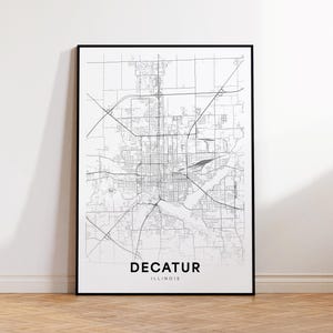 Impression de carte de la ville de Decatur, affiche de plan de rue de Decatur, art de carte de l'Illinois, impression de carte de rue de rue, art mural imprimable, déco murale de bureau
