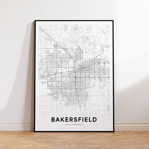 ベーカーズフィールド市地図ポスター、ベーカーズフィールド CA ストリートマップ、カリフォルニア市地図プリント、市道路地図プリント、印刷可能なウォールアート、ホームデコレーション