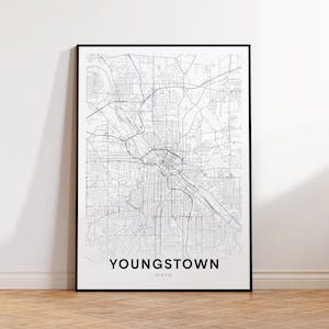Impressão de mapa da cidade de Youngstown, pôster de mapa de rua de Youngstown, arte de mapa de Ohio, impressão de mapa de estrada de rua, mapa de cidade minimalista, decoração de escritório de parede
