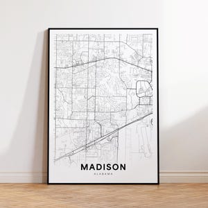 Madison stadskaart afdrukken, Madison stratenkaart poster, kaartkunst Alabama, stratenwegenkaart afdrukken, minimalistische stadskaart, woonkamerdecor