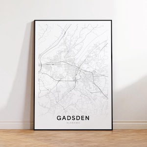 Impression de carte de la ville de Gadsden, affiche de plan de rue de Gadsden, art de la carte de l'Alabama, impression de carte routière, art mural imprimable, décoration murale de bureau
