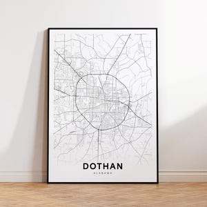 Impression de carte de la ville de Dothan, affiche du plan de la ville de Dothan, art de la carte de l'Alabama, impression de carte routière, plan de la ville minimaliste, art mural bureau