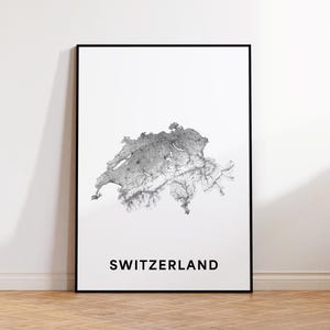 Impresión de mapa de Suiza, póster de mapa de carreteras de Suiza, póster de mapa de Suiza, impresión de Suiza en blanco y negro, arte de mapa imprimible