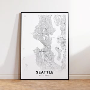 Stadsplan Seattle WA, stratenplan Seattle, kaartposter Washington VS, moderne stadswegenkaart, minimalistische zwart-witte muurkunst, kaartdecor