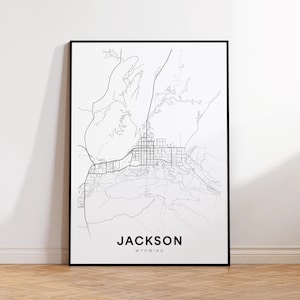 Impression de carte de la ville de Jackson, affiche de carte de rue de Jackson, art de carte du Wyoming, impression de carte de route de rue, plan de ville minimaliste, décoration de salon