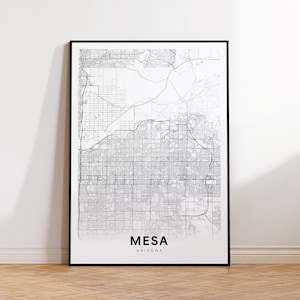 Carte de la ville de Mesa, dans l'AZ, carte des rues de Mesa, affiche de carte de l'Arizona, Etats-Unis, carte routière de la ville moderne, décoration minimaliste, décoration murale bureau à domicile, carte imprimable