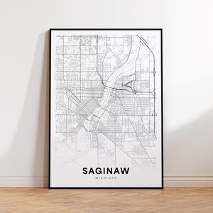 Saginaw City Map Poster, Saginaw Michigan Map Print, Minimalist Street Map, Modern Wall Art, Black and White Decor, Wall Art Printable Map