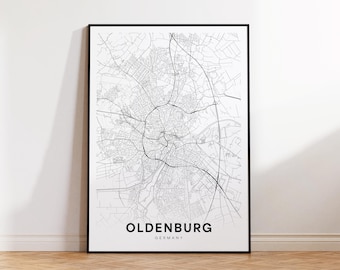 Mappa della città di Oldenburg, Oldenburg Germania Wall Art, Stampa mappa minimalista, Decorazione murale moderna, Mappa stradale di Oldenburg, Stampa mappa, Download immediato