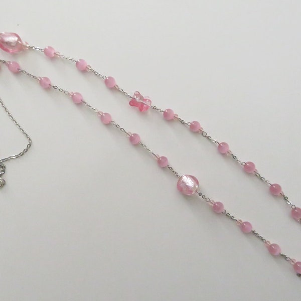 Collier sautoir perles Œil de chat rose clair, Collier femme, Sautoir œil de chat, collier long rose avec ourson rose et perles lampwork