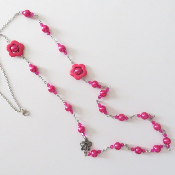 Collier sautoir perles rose fuchsia, Collier femme, Sautoir rose perles nacrées en verre,  collier long rose, idée cadeaux pour femme