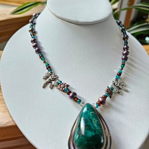 Handcrafted Beaded Necklace with .925 Sterling Silver, Vintage Natural Chrysocolla Pendant