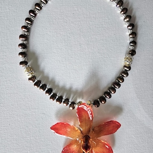 Handmade Pearl Necklace with Real Orchid Pendant