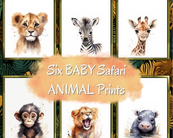 Cute baby safari animal portraits, Nursery wall art,  Downloadable prints, Jungle Animal prints, Baby room decor