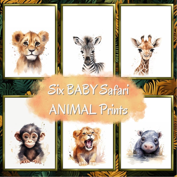 Cute baby safari animal portraits, Nursery wall art,  Downloadable prints, Jungle Animal prints, Baby room decor