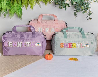 Bolsa de viaje personalizada con parche de chenilla: bolsa de viaje de fin de semana con monograma