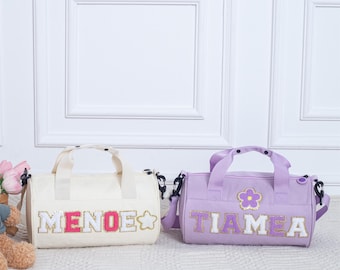 Bolsa de lona personalizada para animadoras de baile y gimnasia: rosa y morada con letras de chenilla