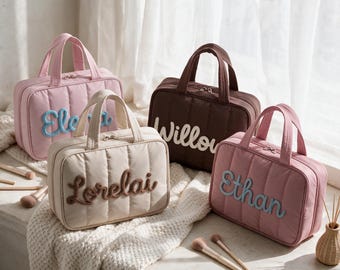 Personalized Quilted Hanging Travel Makeup Bag, Expandable Foldable Toiletry Organizer with Monogram, Custom Name Cosmetic Bag for Women