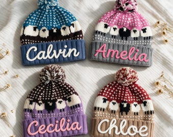Custom Name Sheep Beanie | Handmade Wool Knit Hat |Personalized Sheep Winter Beanie | Cosy Knit Gift
