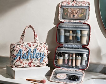 Personalized Boho Floral Hanging Toiletry Bag with Hanging Hook, Custom Name Travel Makeup Organizer, Bohemian Cosmetic Pouch