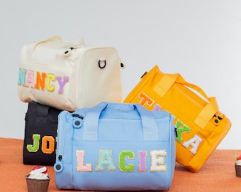 Custom Kids Duffle Bag: Sewn Chenille Letter, Personalized Overnight Travel Bag