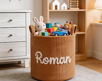 Cesta de pana personalizada, cesta de almacenamiento con nombre personalizado, cesto de ropa con letras de hilo hechas a mano, cesta de juguetes, organizador para guardería o contenedor de juguetes para mascotas.