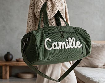 Personalized Corduroy Duffle Bag, Custom Name Travel Weekender Overnight Bag, Handmade Gym Carryall for Women Men, Monogrammed Gift