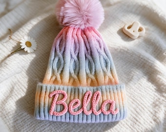Handmade Colorful Beanie with Custom Name, Personalized Knit Hat for Kids Teens Adults, Cozy Winter Gift, 10Y to Adult