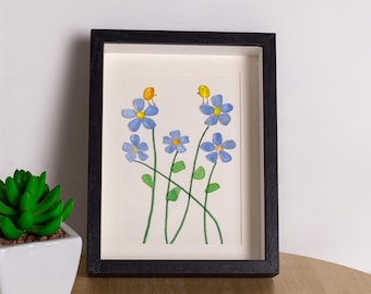 Forget Me Not Sea Glass Art: Framed Flower & Bird Wall Decor