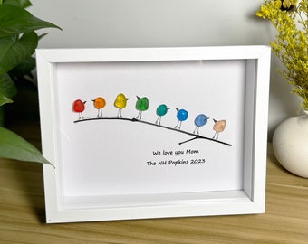 Personalized Sea Glass Bird Family on Branch - Framed Handmade Art