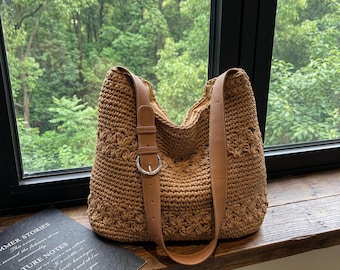 Bolso de hombro estilo boho de crochet con correas de cuero, bolso de playa de punto para verano, bolso con asa de madera, regalo para ella.