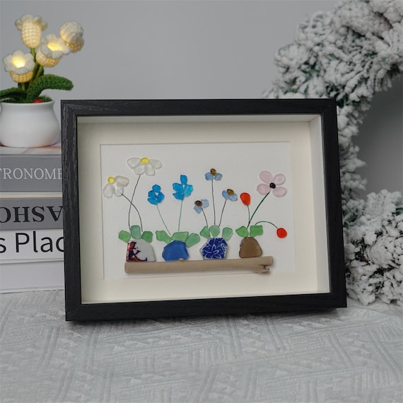 Handmade Sea Glass Flower Picture: Unique Coastal Wall Art