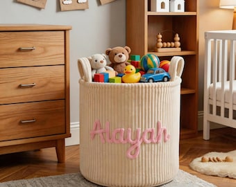 Cesta de pana con nombre personalizado, cesto de ropa con letras de hilo hechas a mano, cesta de juguetes, organizador para guardería o contenedor de juguetes para mascotas.