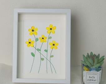 Seaglass Yellow Flowers Art Frame: Handcrafted Sea Wall Art