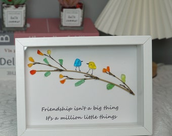 Handmade Sea Glass Bird Art: Rainbow Birds on Bamboo Branch Framed