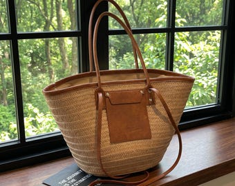 Straw Basket Bag, Woven Tote for Beach, Summer Handbag,Boho Shoulder Bag,