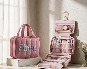 Personalized Quilted Hanging Makeup Bag,Letter Cosmetic Organizer, Monogram Cosmetic Pouch,Bridal Shower Gift